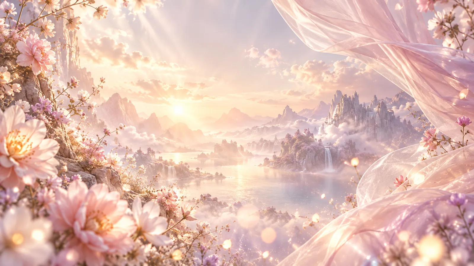 花と薄い布と、柔らかな金色の光に包まれた幻想的な風景