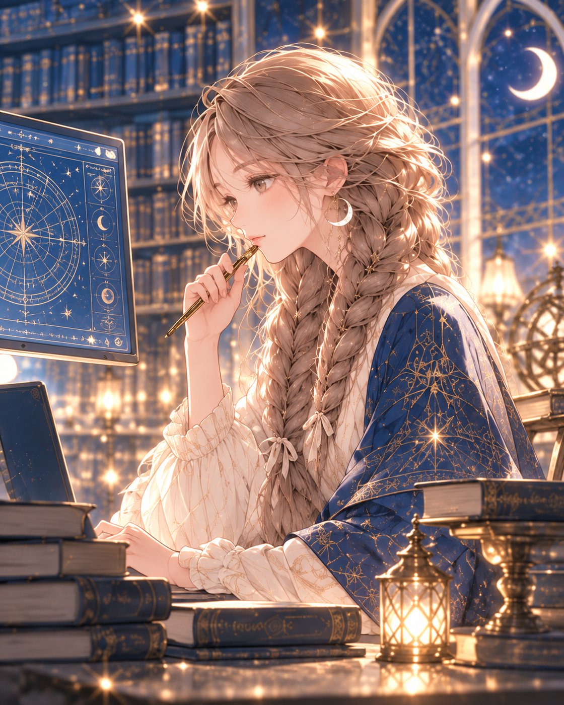 月夜の書斎で、星図の画面を見ながら鑑定を考えることは