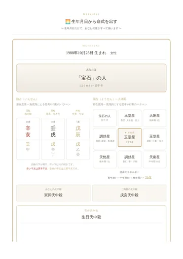 鑑定書見本：命式のページ